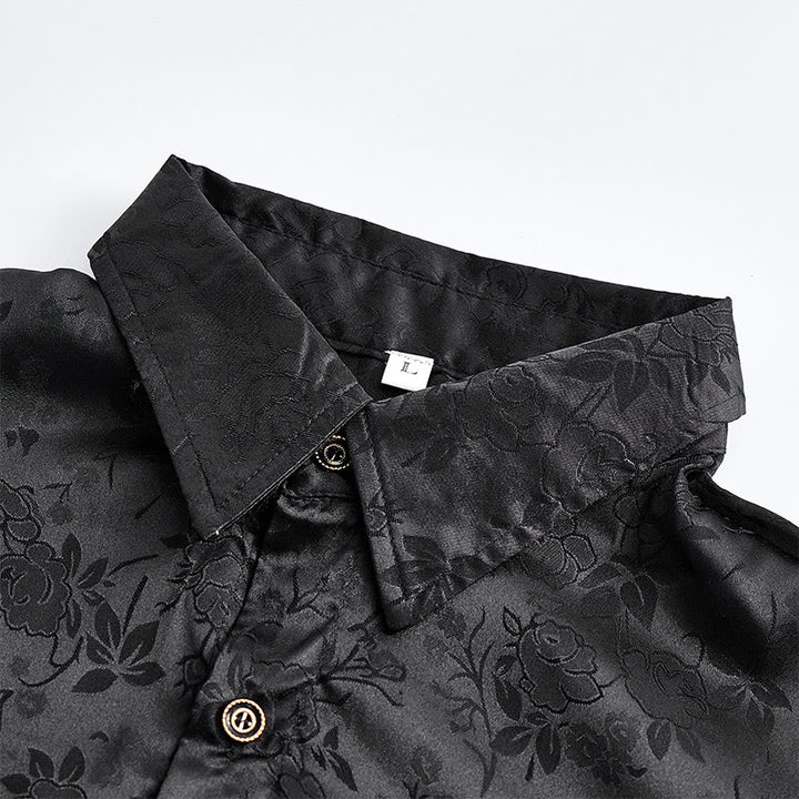 Camicia elegante da uomo a maniche lunghe con motivo a rose jacquard e bottoni nascosti. - image 6
