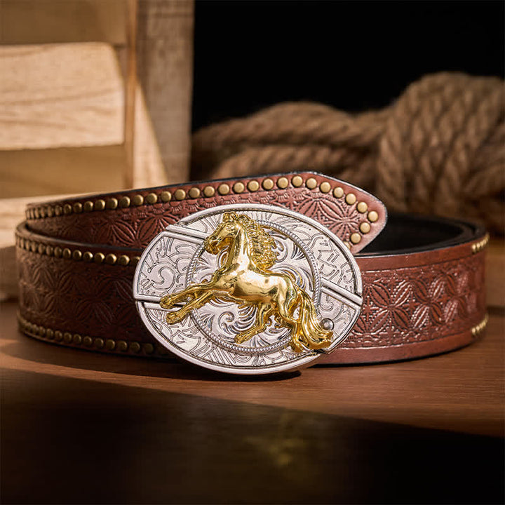 Cintura in pelle con fibbia a coltello pieghevole nascosto fai-da-te a forma di cavallo al galoppo in argento e oro. - Cavallo al galoppo - Cintura con rivetti marroni - 42 - image 4
