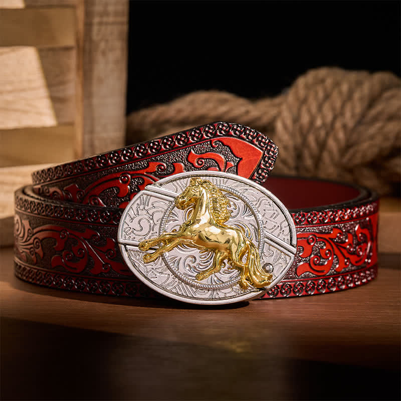 Cintura in pelle con fibbia a coltello pieghevole nascosto fai-da-te a forma di cavallo al galoppo in argento e oro. - Cavallo al galoppo - Cintura intagliata marrone - 42 - image 6