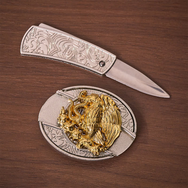 Coltello pieghevole nascosto fai-da-te Gold Eagle Serpent con fibbia argentata e cintura in pelle - image 1