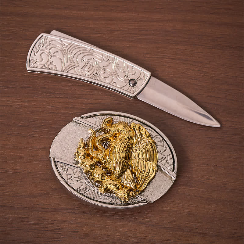 Coltello pieghevole nascosto fai-da-te Gold Eagle Serpent con fibbia argentata e cintura in pelle - image 1