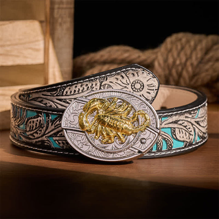 Cintura in pelle con fibbia a scomparsa a forma di scorpione gotico in argento e oro, fai da te, con coltello pieghevole integrato. - Scorpion - Cintura grigia a fiori - 42 - image 8