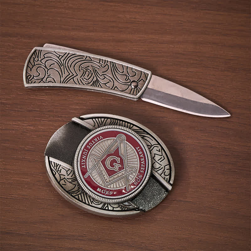 Fibbia per cintura in pelle con coltello a scomparsa fai-da-te e simbolo massonico in smalto rosso. - image 1