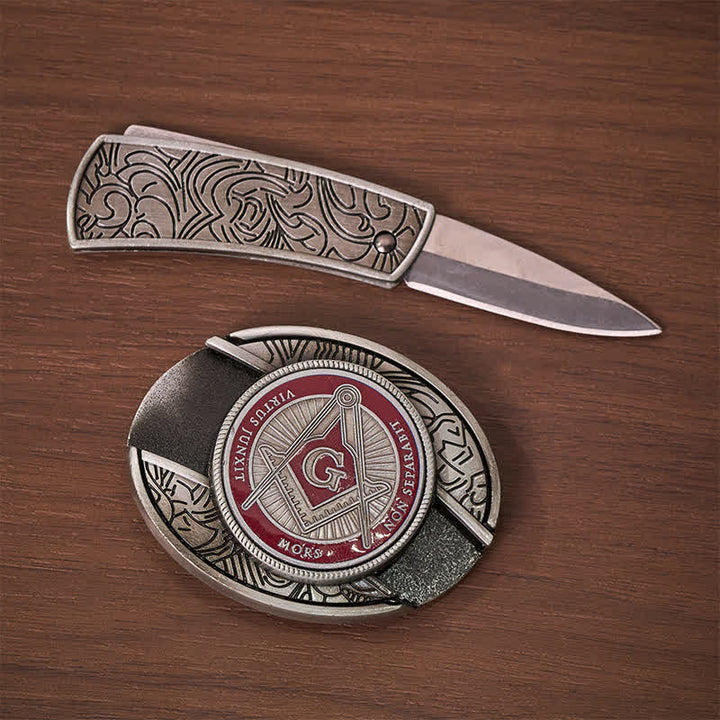 Fibbia per cintura in pelle con coltello a scomparsa fai-da-te e simbolo massonico in smalto rosso. - image 1