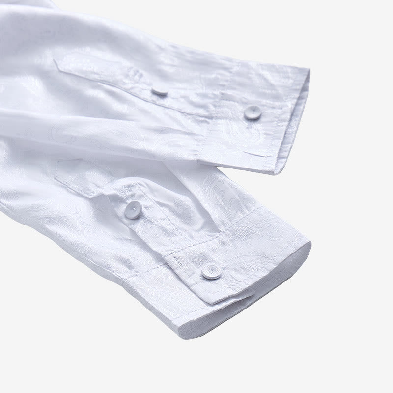 Camicia da uomo a maniche lunghe con colletto alla coreana e colletto alto in raso jacquard scuro con motivo a rose. - image 6