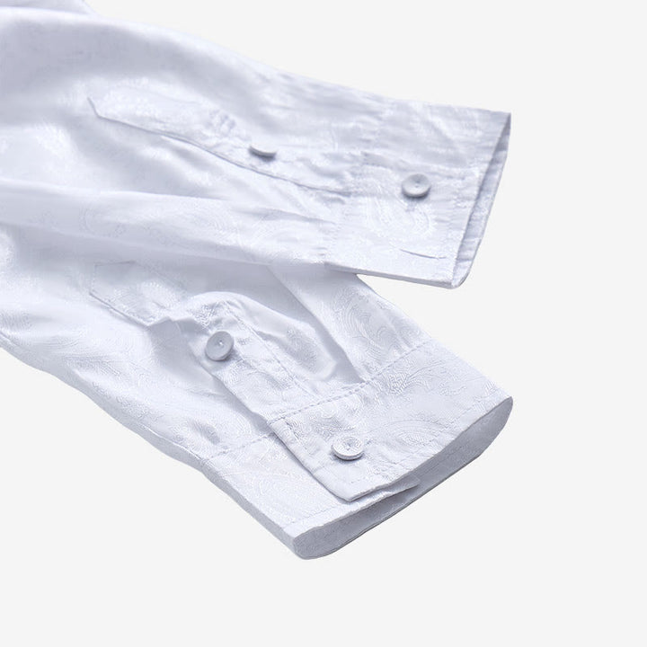 Camicia da uomo a maniche lunghe con colletto alla coreana e colletto alto in raso jacquard scuro con motivo a rose. - image 6