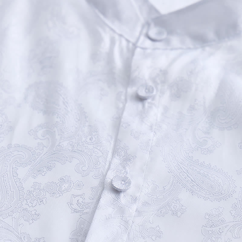 Camicia da uomo a maniche lunghe con colletto alla coreana e colletto alto in raso jacquard scuro con motivo a rose. - image 15