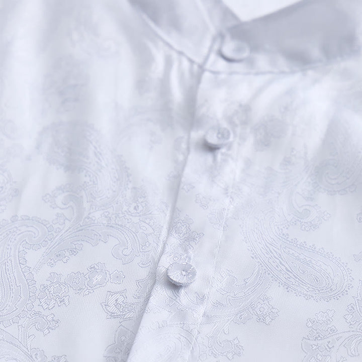 Camicia da uomo a maniche lunghe con colletto alla coreana e colletto alto in raso jacquard scuro con motivo a rose. - image 15
