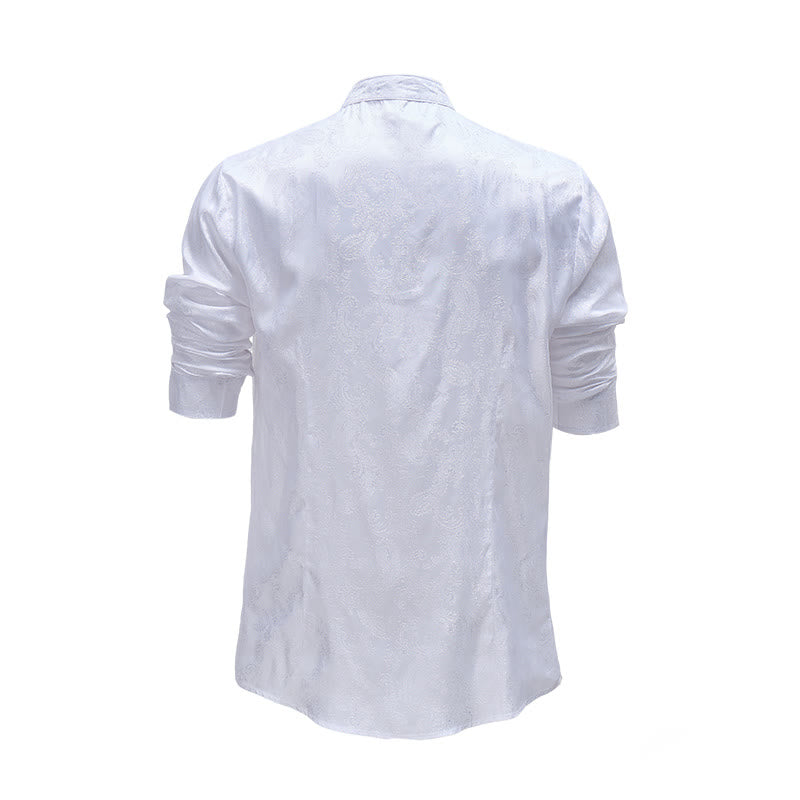 Camicia da uomo a maniche lunghe con colletto alla coreana e colletto alto in raso jacquard scuro con motivo a rose. - image 12
