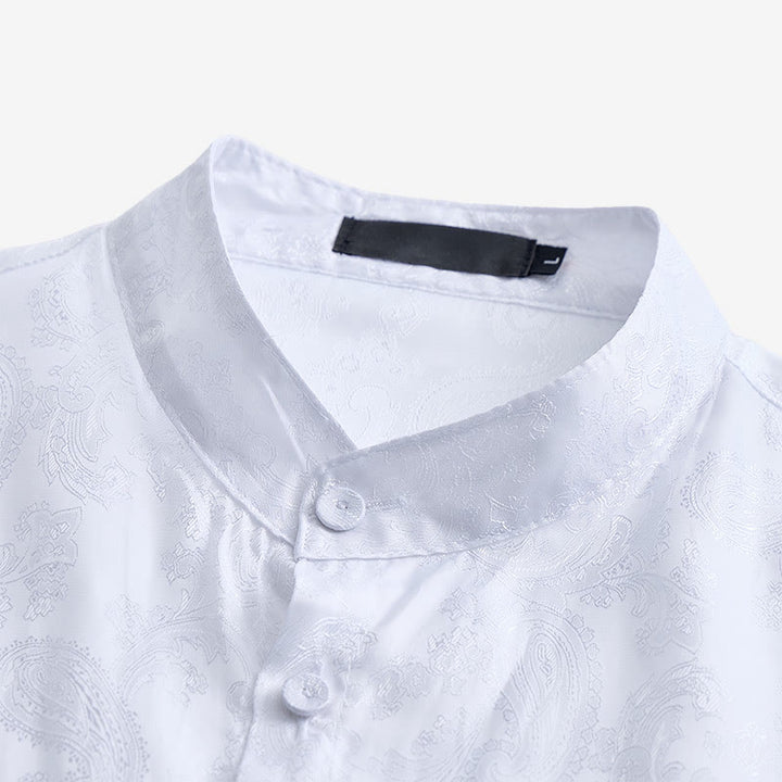 Camicia da uomo a maniche lunghe con colletto alla coreana e colletto alto in raso jacquard scuro con motivo a rose. - image 7