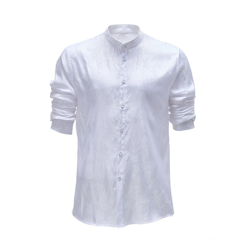 Camicia da uomo a maniche lunghe con colletto alla coreana e colletto alto in raso jacquard scuro con motivo a rose. - Bianco - 2XL - image 0