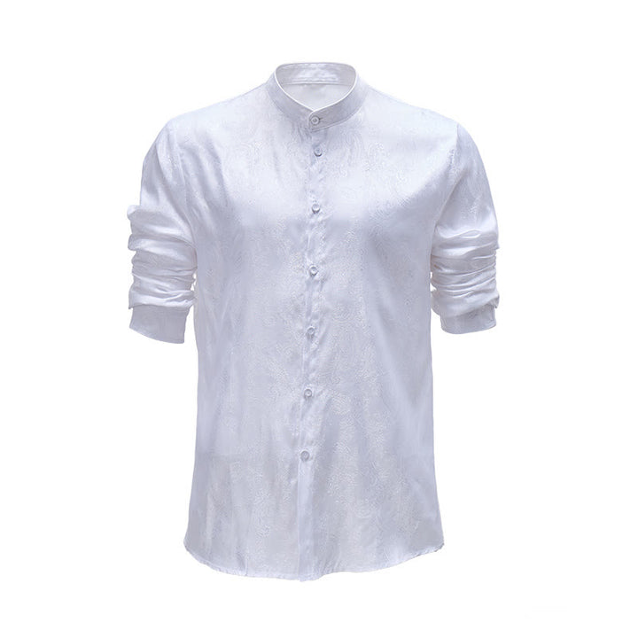 Camicia da uomo a maniche lunghe con colletto alla coreana e colletto alto in raso jacquard scuro con motivo a rose. - Bianco - 2XL - image 0