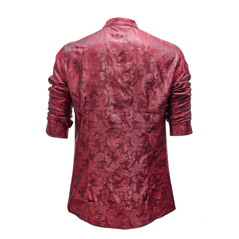 Camicia da uomo a maniche lunghe con colletto alla coreana e colletto alto in raso jacquard scuro con motivo a rose. - image 18
