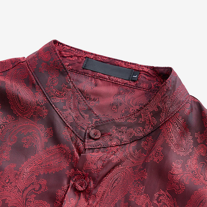 Camicia da uomo a maniche lunghe con colletto alla coreana e colletto alto in raso jacquard scuro con motivo a rose. - image 19