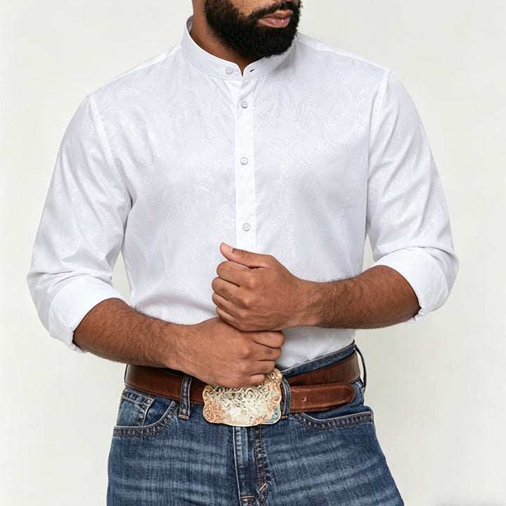 Camicia da uomo a maniche lunghe con colletto alla coreana e colletto alto in raso jacquard scuro con motivo a rose. - image 2