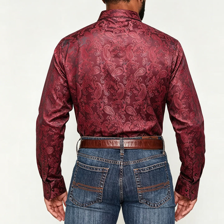 Camicia da uomo a maniche lunghe con colletto alla coreana e colletto alto in raso jacquard scuro con motivo a rose. - image 8