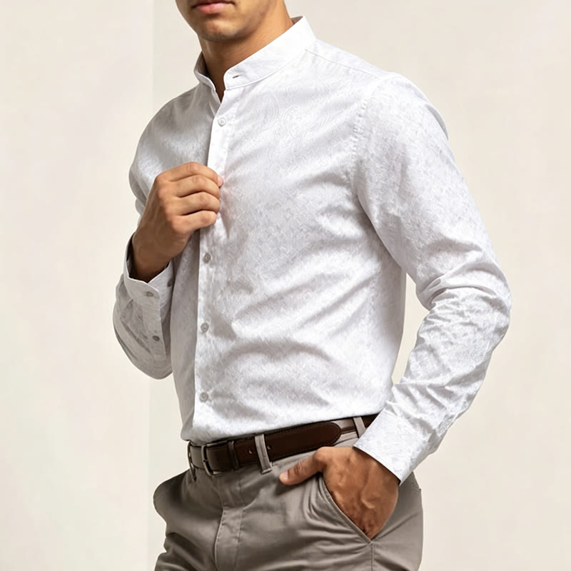 Camicia da uomo a maniche lunghe con colletto alla coreana e colletto alto in raso jacquard scuro con motivo a rose. - image 2