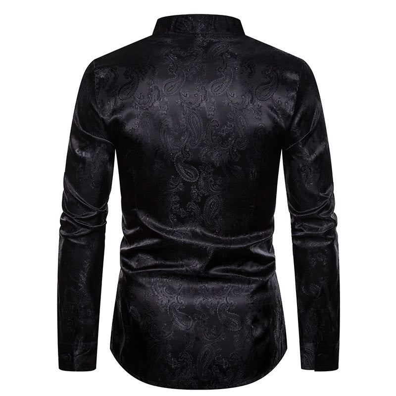 Camicia da uomo a maniche lunghe con colletto alla coreana e colletto alto in raso jacquard scuro con motivo a rose. - image 11