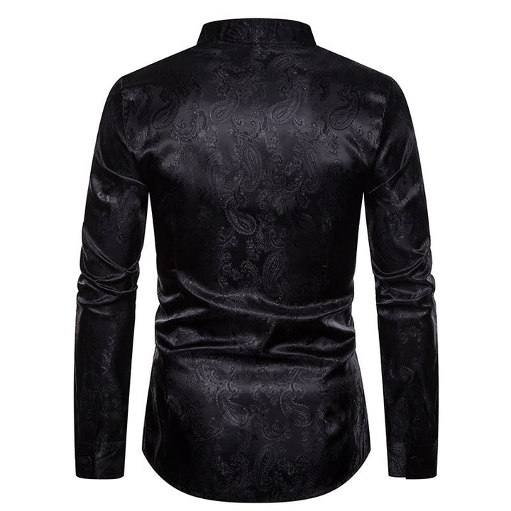 Camicia da uomo a maniche lunghe con colletto alla coreana e colletto alto in raso jacquard scuro con motivo a rose. - image 11