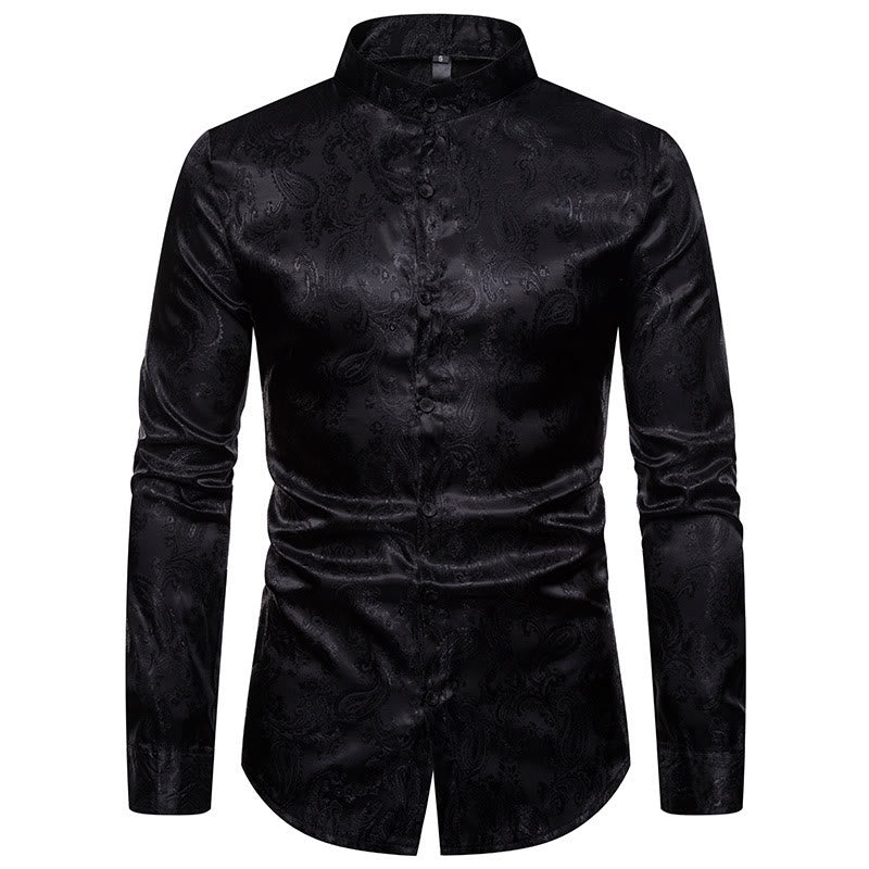 Camicia da uomo a maniche lunghe con colletto alla coreana e colletto alto in raso jacquard scuro con motivo a rose. - Nero - 2XL - image 9