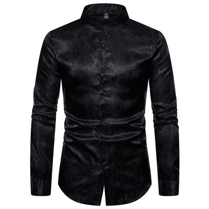 Camicia da uomo a maniche lunghe con colletto alla coreana e colletto alto in raso jacquard scuro con motivo a rose. - Nero - 2XL - image 9