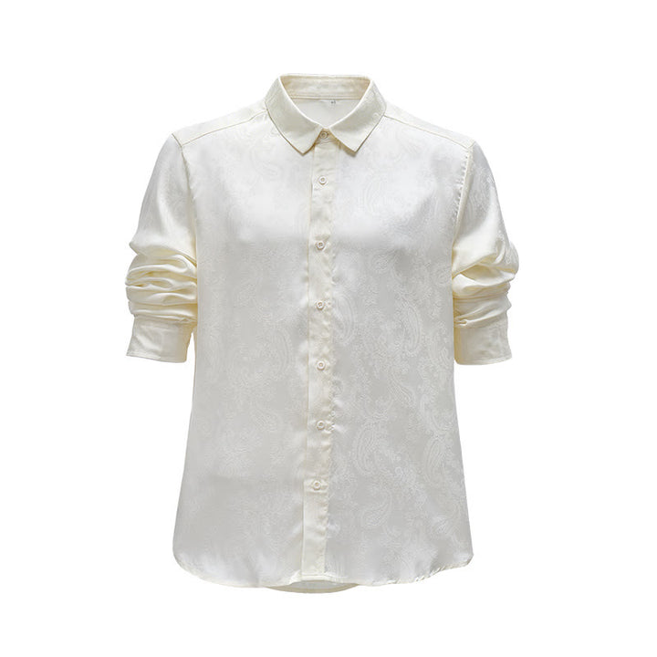 Camicia da sposo da uomo in raso jacquard con motivo paisley in stile retrò britannico - Cachi - 2XL - image 4