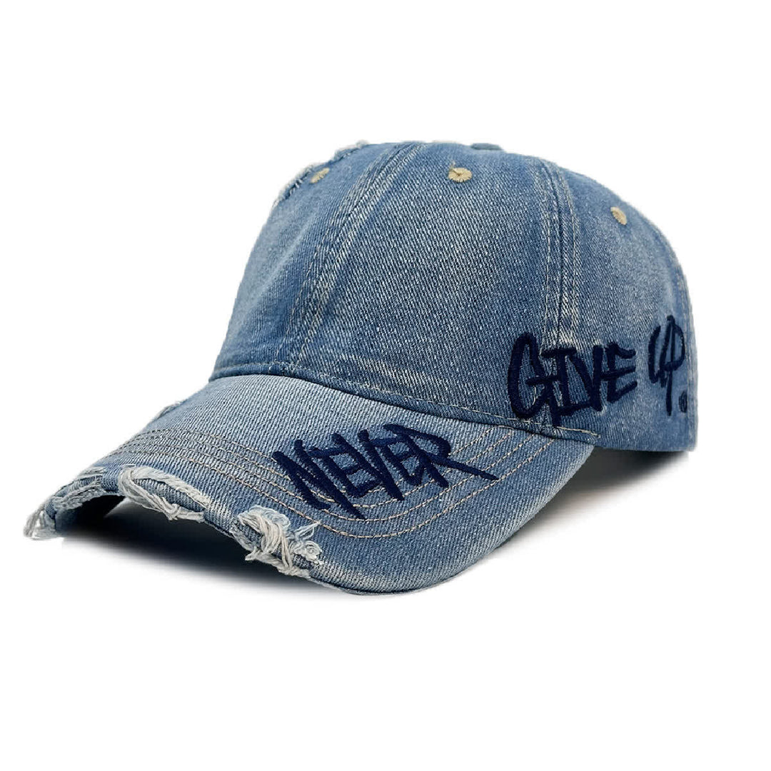 Cappellino da baseball in denim slavato con ricamo "Never Give Up" - Blu - Regolabile (21 5/8"-23 5/8") - image 0