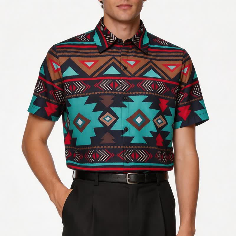 Camicia da uomo in stile western con stampa geometrica azteca in stile retrò del sud-ovest americano - image 1