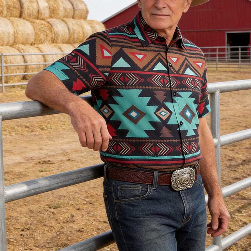 Camicia da uomo in stile western con stampa geometrica azteca in stile retrò del sud-ovest americano - Turchese - 5XL - image 0