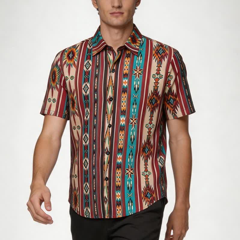 Camicia western da uomo color terracotta con stampa a righe azteche - image 1