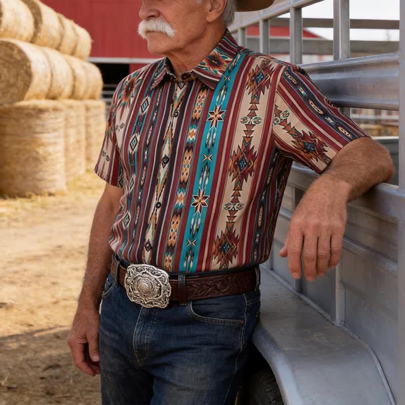 Camicia western da uomo color terracotta con stampa a righe azteche - Terracotta - 5XL - image 0