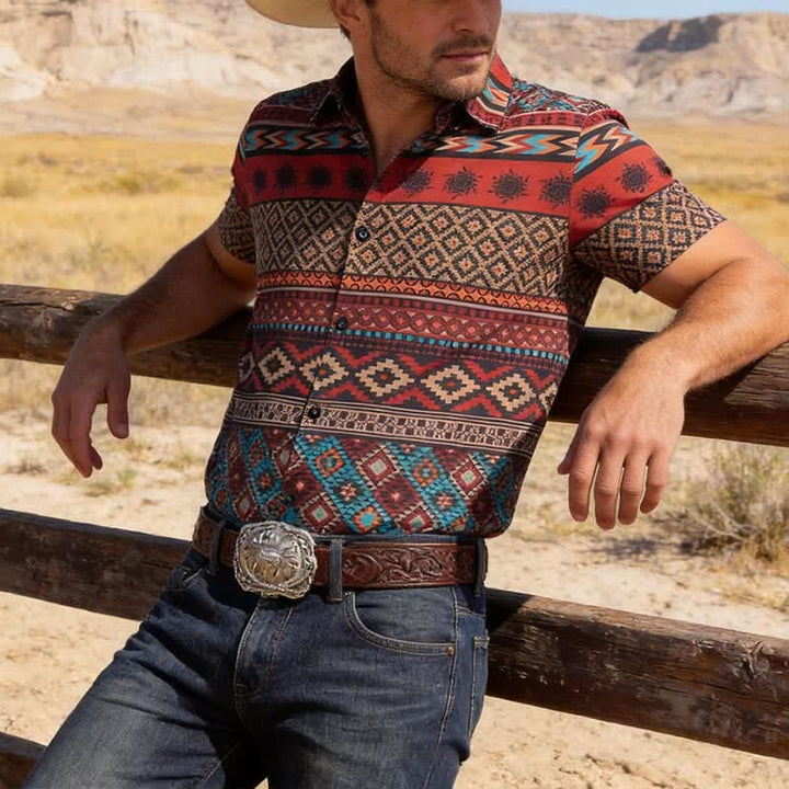 Camicia western da uomo con stampa a righe azteche rosse audaci - Rosso - 5XL - image 0