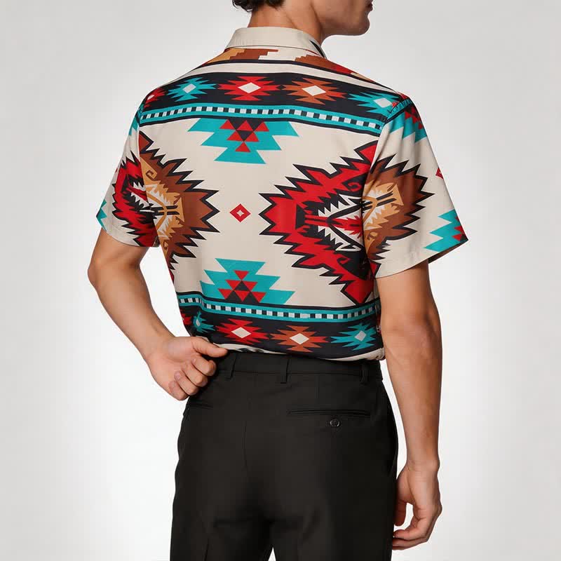Camicia casual da uomo in stile western con stampa azteca color crema e turchese - image 2