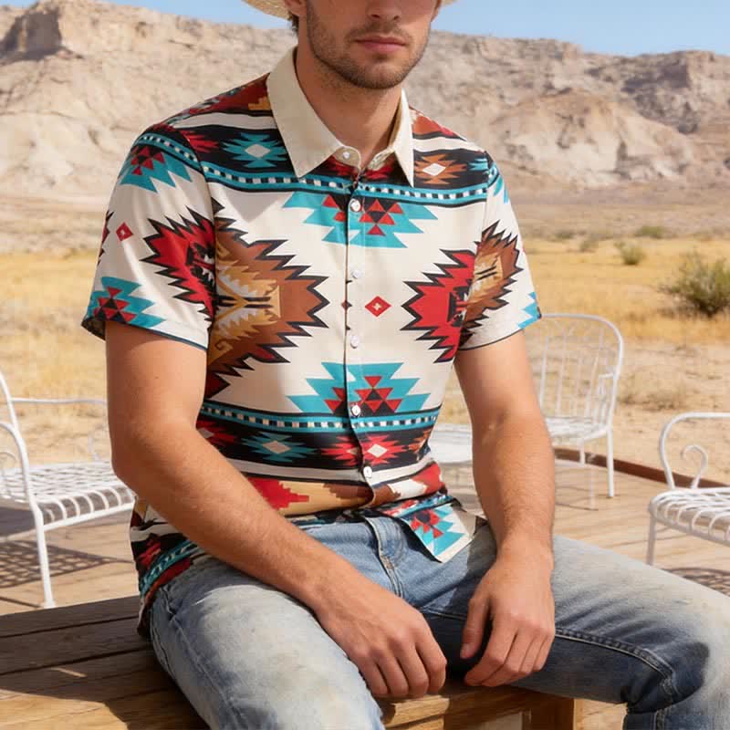 Camicia casual da uomo in stile western con stampa azteca color crema e turchese - Crema e turchese - 4XL - image 0
