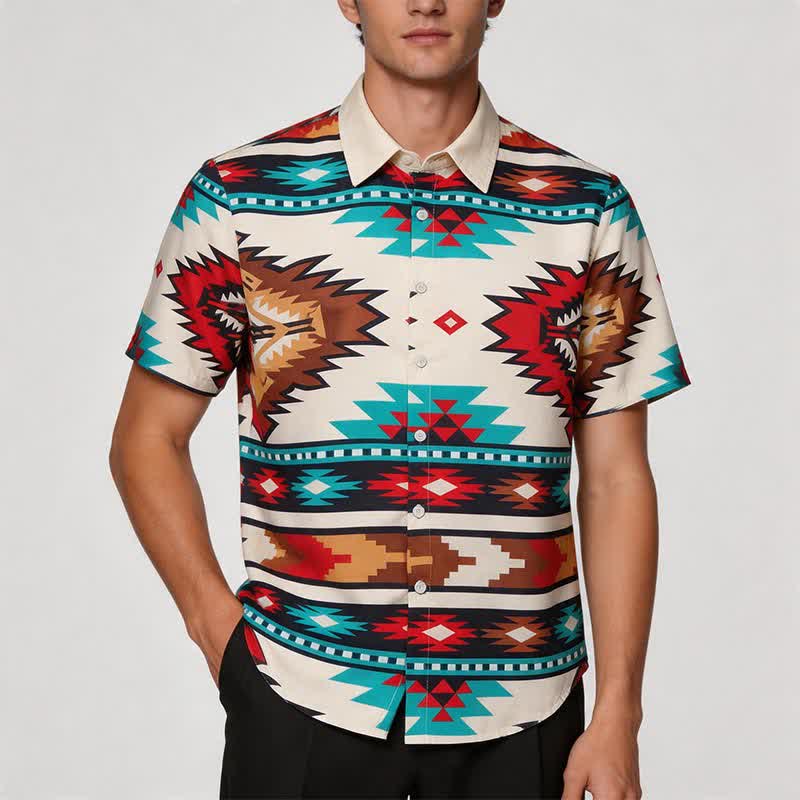 Camicia casual da uomo in stile western con stampa azteca color crema e turchese - image 1