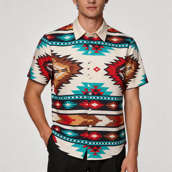 Camicia casual da uomo in stile western con stampa azteca color crema e turchese - image 1