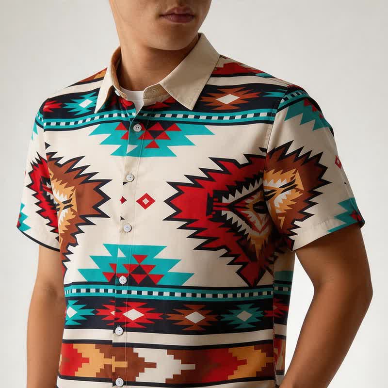 Camicia casual da uomo in stile western con stampa azteca color crema e turchese - image 3