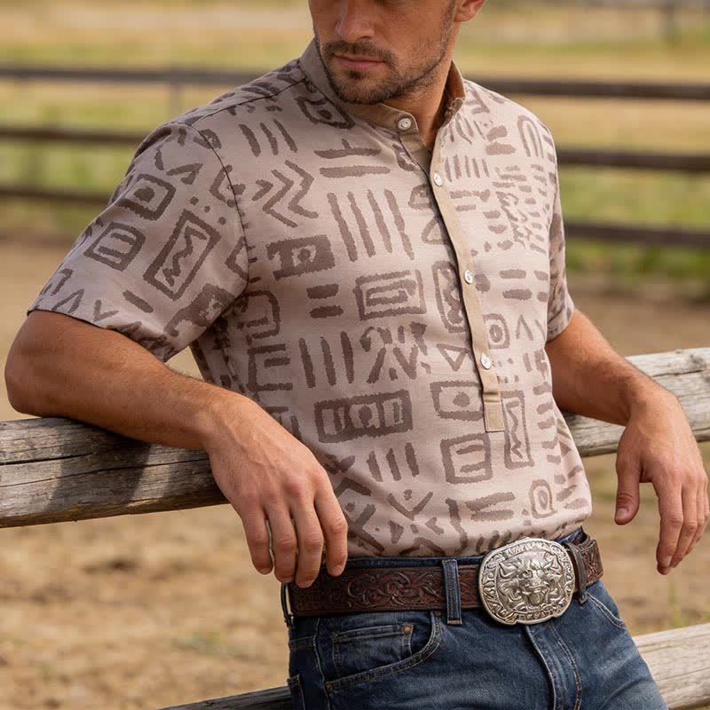 Camicia etnica da uomo color tortora beige con stampa di simboli tribali - Beige tortora - 5XL - image 0