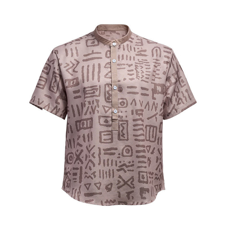 Camicia etnica da uomo color tortora beige con stampa di simboli tribali - image 9