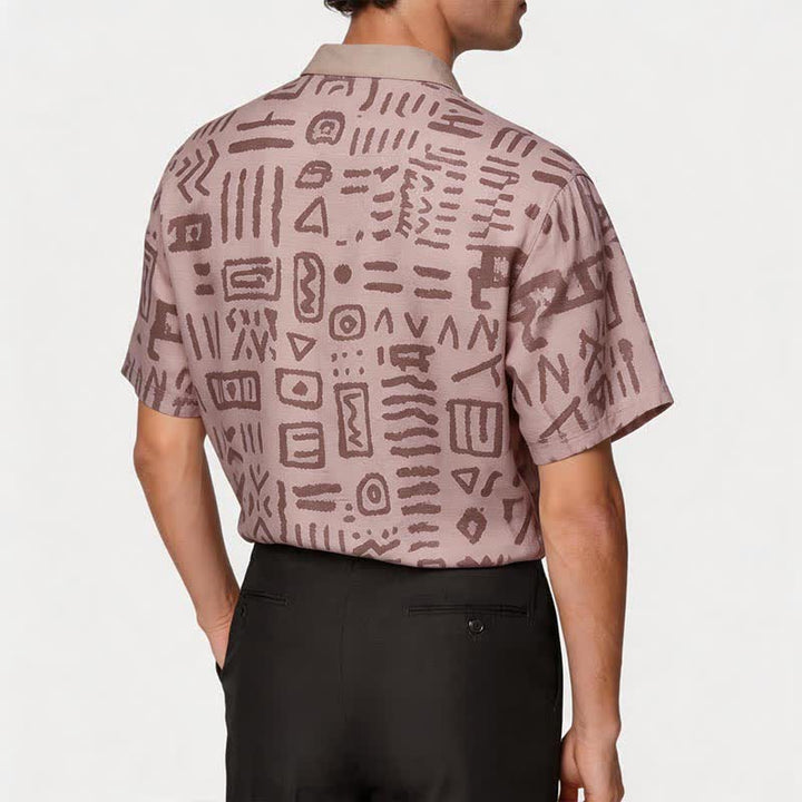 Camicia etnica da uomo color tortora beige con stampa di simboli tribali - image 2