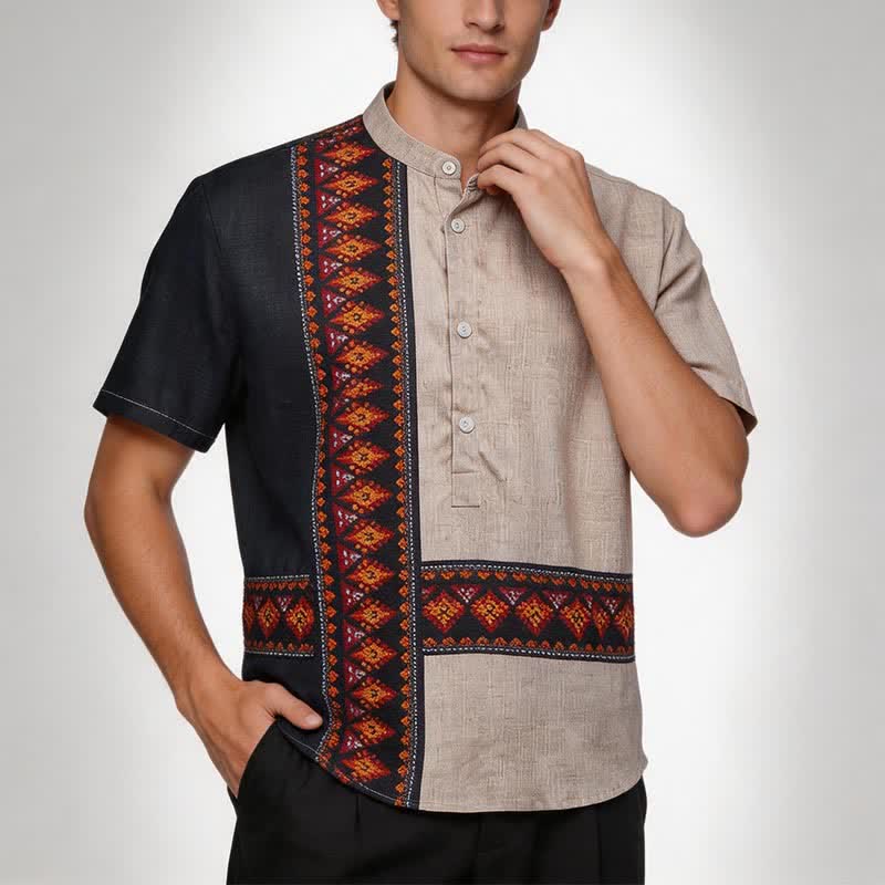 Camicia etnica da uomo asimmetrica in misto lino con stampa tribale - image 1