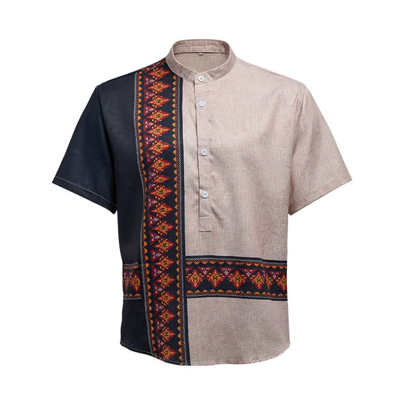 Camicia etnica da uomo asimmetrica in misto lino con stampa tribale - image 9