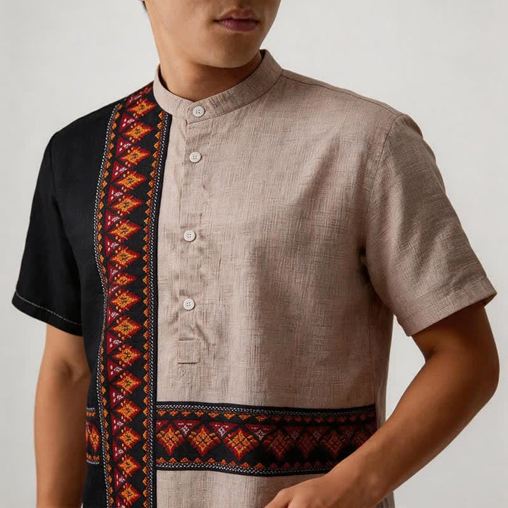 Camicia etnica da uomo asimmetrica in misto lino con stampa tribale - image 3