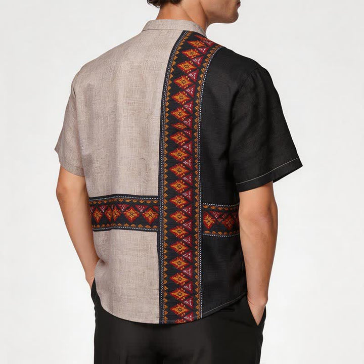 Camicia etnica da uomo asimmetrica in misto lino con stampa tribale - image 2