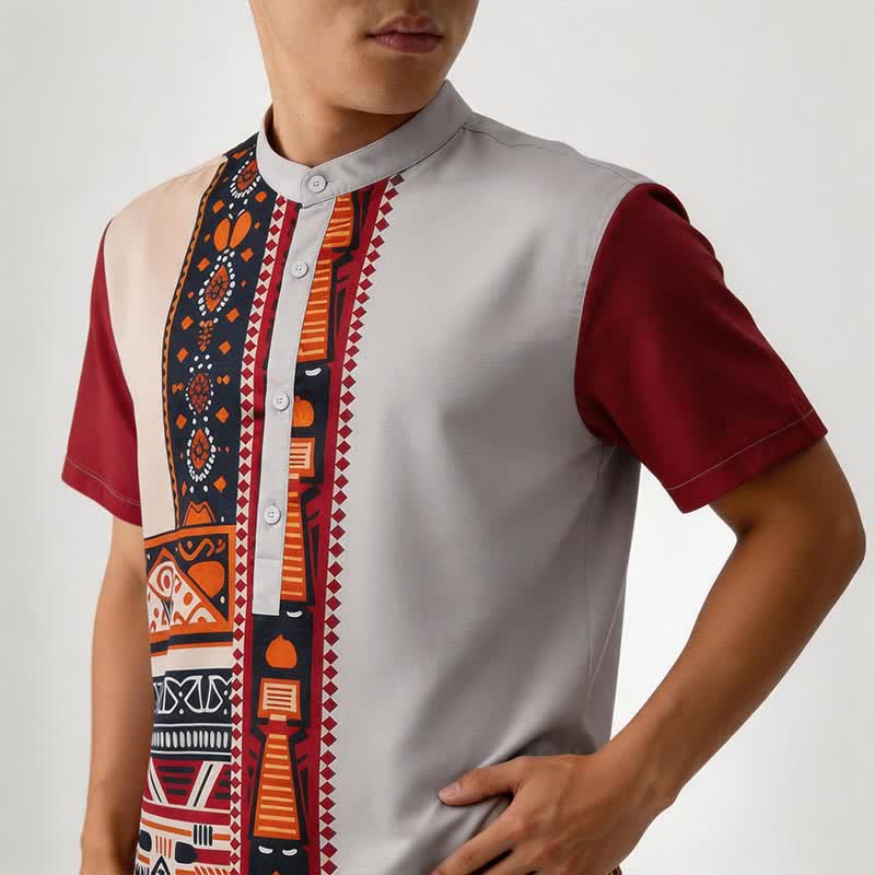 Camicia etnica estiva da uomo con patchwork, ispirata al sud-ovest americano. - image 3