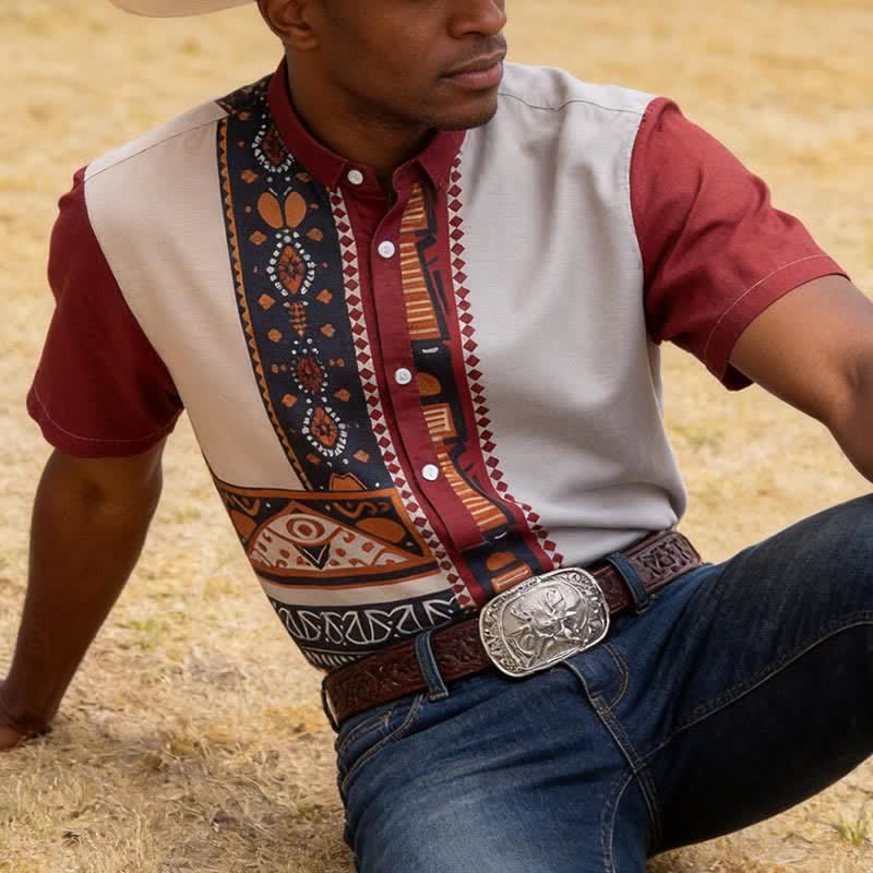 Camicia etnica estiva da uomo con patchwork, ispirata al sud-ovest americano. - Rosso terracotta - 5XL - image 0