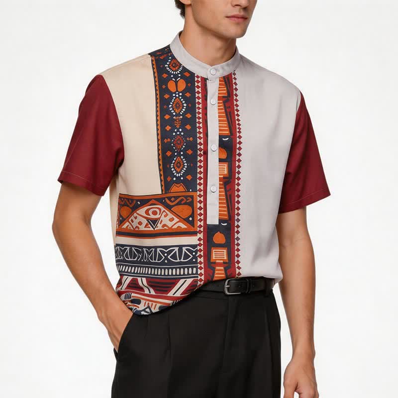 Camicia etnica estiva da uomo con patchwork, ispirata al sud-ovest americano. - image 1