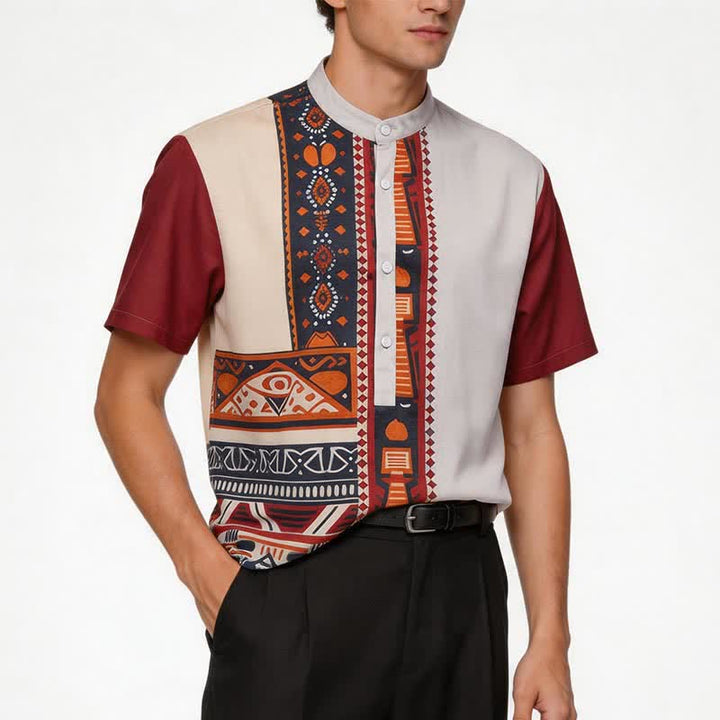 Camicia etnica estiva da uomo con patchwork, ispirata al sud-ovest americano. - image 1