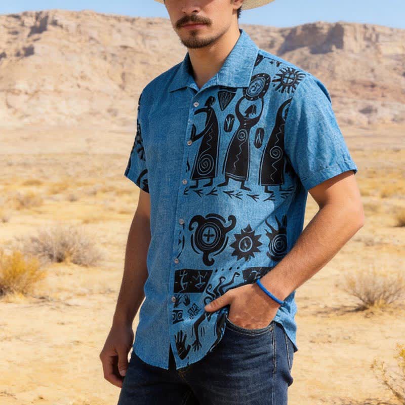 Camicia etnica da uomo con stampa ispirata all'arte rupestre del sud-ovest - Blu - 5XL - image 0