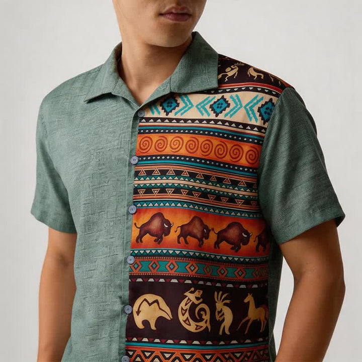 Camicia etnica da uomo con stampa bisonte e petroglifi del deserto - image 3